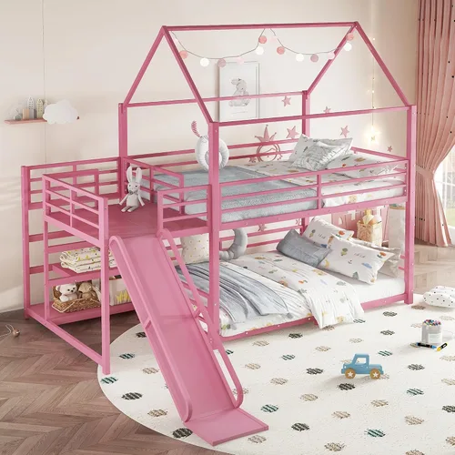 Miniatura 13 de Bellemave Litera individual sobre cama individual con tobogán, litera de piso para niños con escaleras de almacenamiento y barandilla de longitud