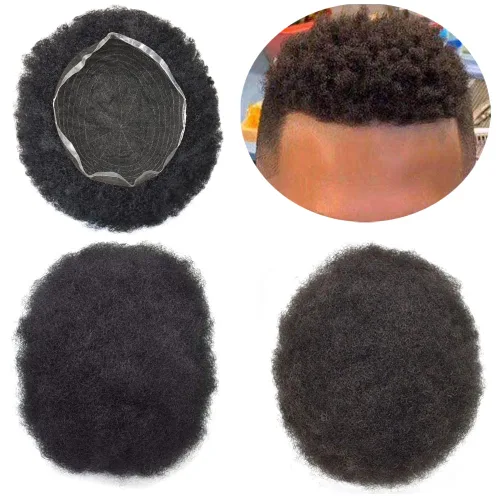 Miniatura 41 de Pelucas afro rizadas para hombre, con encaje francés, de 10 x 8 pulgadas, completamente transparente, de repuesto, sistema de cabello humano rizado