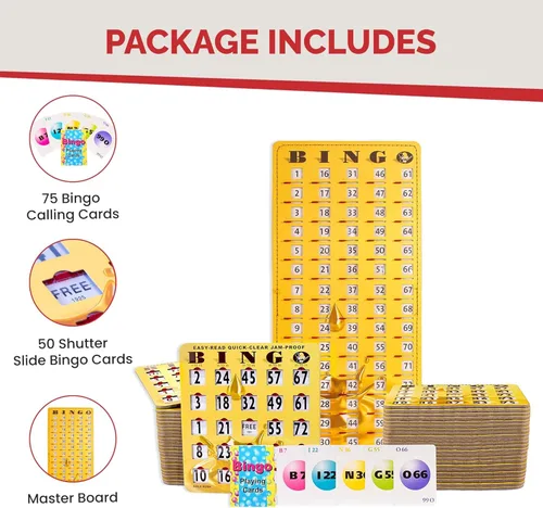 Miniatura 3 de MR CHIPS Tarjetas de bingo a prueba de atascos con ventanas deslizantes, 50 tarjetas de obturador reutilizables, 75 tarjetas de llamadas, 1 tablero