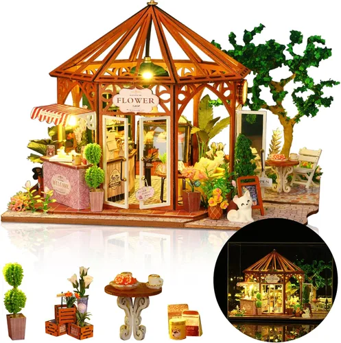 Miniatura 11 de Kit de casa en miniatura, pequeño restaurante japonés Sakura de madera 3D, kit de construcción de mini casa de muñecas con cubierta a prueba
