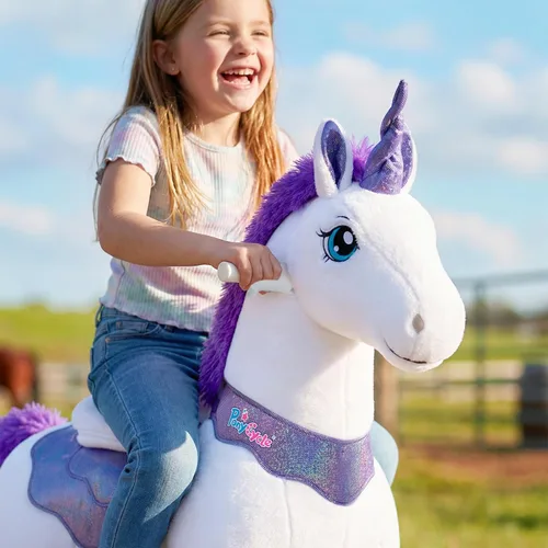 Miniatura 7 de PonyCycle Unicornio de Montar para Niños de 4-7 años con Freno, Regalos de Unicornio para Niñas (35.4" de Altura/Talla 4) Felpa Interactiva de Morado