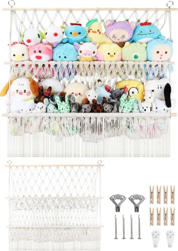 Miniatura 8 de Red de almacenamiento de animales de peluche de 2 niveles, 17 x 32 pulgadas, organizador grande de animales de peluche para pequeños rellenos