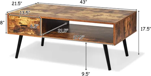 Miniatura 3 de Giantex Mesa auxiliar rectangular, soporte de TV de mediados de siglo con 1 cajón y estante de almacenamiento abierto para sala de estar, sala