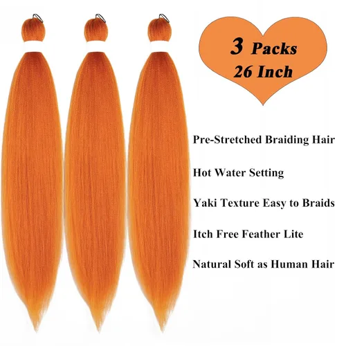 Miniatura 3 de Cabello para Trenzar Naranja Jengibre Pre-Estirado Kanekalo Cabello para Trenzar Pre-estirado 26 pulgadas Extensiones de Cabello Sintético