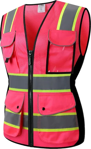 JKSafety Chaleco de seguridad reflectante de alta visibilidad para mujer, tiras reflectantes cosidas en el cuerpo de color neón, transpirable,