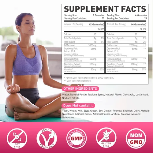 Miniatura 2 de Gomitas D-manosa de 2000 mg con arándano 500 mg e hibisco - Suplementos masticables de manosa D para mujeres - Suplemento de salud para limpiar