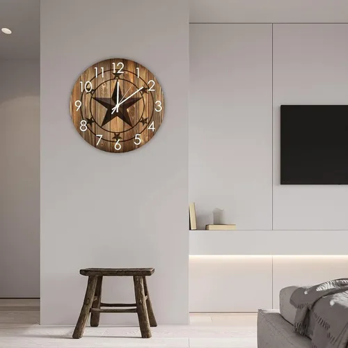 Miniatura 5 de Reloj de pared redondo de madera con estrella de Texas occidental, silencioso a pilas, funciona con pilas, decoración del hogar para sala de estar