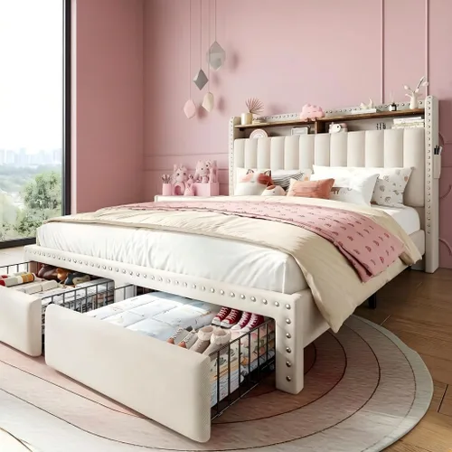 Miniatura 15 de EnHomee Base de cama tapizada de tela tamaño individual con cabecero capitoné de canal vertical de 2 niveles y 2 cajones de almacenamiento, espacio