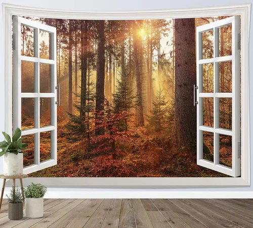 HVEST Tapiz de bosque otoñal para colgar en la pared, hojas de arce naranja y sol, tapiz para colgar en la pared, tapiz de hojas de árbol de otoño