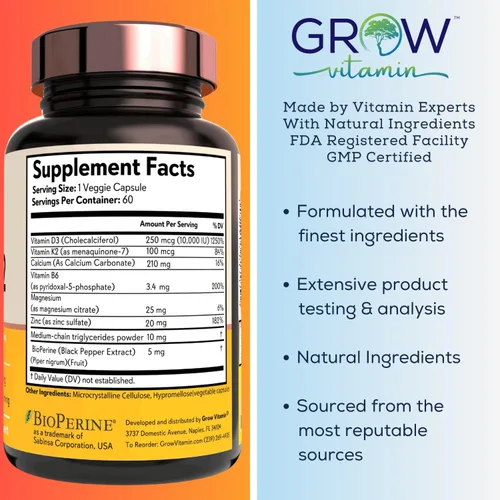 Miniatura 5 de grow vitamin Aceite D3 K2 con MCT - 10,000 UI D3, 100 mcg K2 MK7, calcio, zinc, bioperina, magnesio para una absorción superior - 60 cápsulas