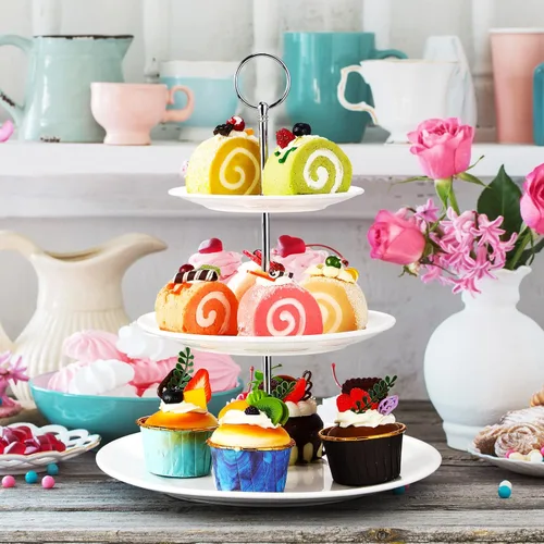 Miniatura 5 de Tatuo 2 soportes de porcelana de 3 niveles para cupcakes, torre para tartas, pastelería para servir postres, soporte escalonado de cerámica blanca
