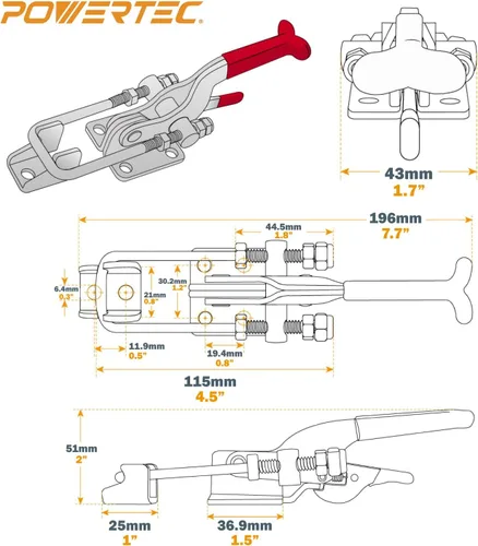 Miniatura 6 de POWERTEC Abrazadera de Palanca 4PK, Capacidad de 700 libras, Pestillo Ajustable de Perno en U Autobloqueante 431 con Agarre Manual Antideslizante