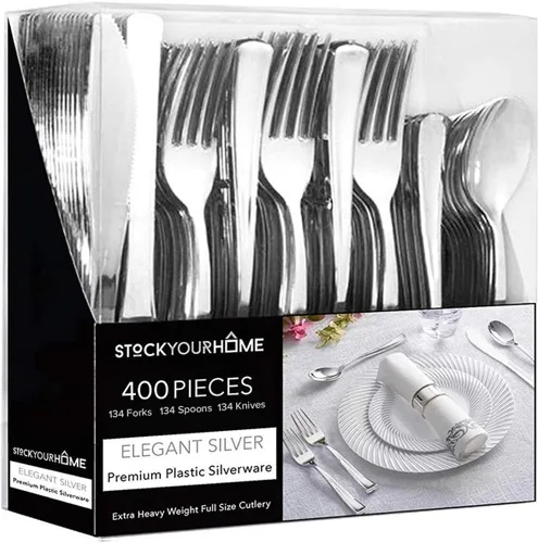 Miniatura 13 de Juego de cubiertos de plástico resistente (dorado) de 75 piezas, juego de cubiertos desechables, ideal para fiestas, bodas y catering, cubiertos