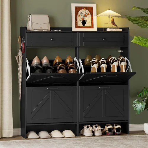 Miniatura 27 de BORNOON Gabinete de Almacenamiento de Zapatos para Entrada, Gabinete Estrecho de Zapatos Estilo Granja con 2 Cajones Abatibles y Cajones Superiores