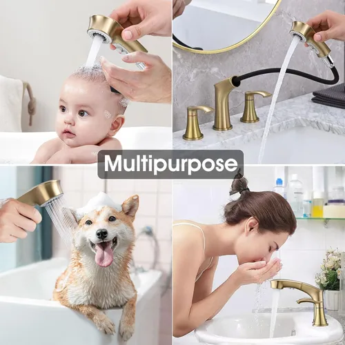 Miniatura 6 de Grifo de baño de 3 agujeros con rociador extraíble, grifo de baño de 8 pulgadas, grifo de tocador de dos manijas con líneas de suministro cUPC