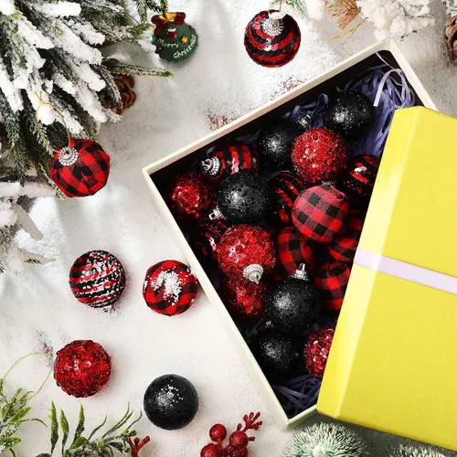 Miniatura 6 de 24 bolas de Navidad para árbol, adornos de Navidad rojos y negros de 1.2 in/1.18 pulgadas, bolas de lentejuelas con purpurina, decoración de árbol