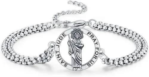 Miniatura 106 de Pulsera unisex de San Miguel/Cristóbal/Benedicto/Jude/José/Guadalupe/Ángel de la Guarda/Santa Muerte Pulsera de plata de ley 925 con cadena de doble
