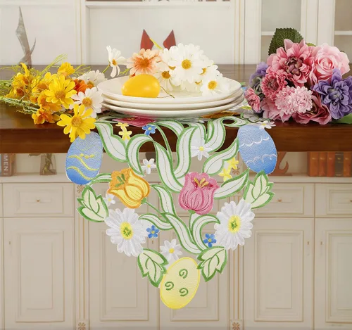 Miniatura 8 de Camino de mesa de Pascua, primavera, conejos, huevos, camino de mesa floral, bordado floral y conejos, huevos, bufanda, decoración de mesa
