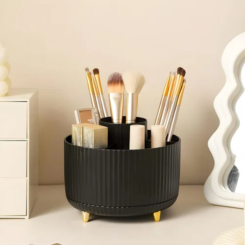 Organizador para brochas de maquillaje, organizador de brochas de maquillaje giratorio 360°, taza con 5 ranuras para brochas de maquillaje para
