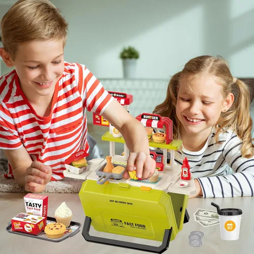 Miniatura 6 de Juguetes divertidos para niños, juego portátil de comida rápida para niños de 3 a 8 años, juguete realista de cocina al aire libre con 55 piezas