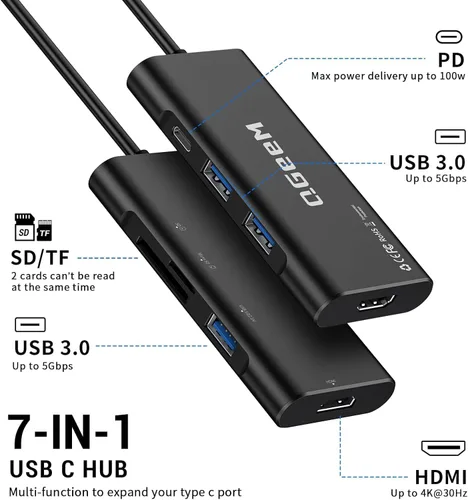 Miniatura 2 de USB C Hub, Adaptador QGeeM de USB 4k a HDMI, Dongle USB-C 7 en 1 con 100W PD, USB 3.0, Lector de Tarjetas, Compatible con MacBook, iPhone 15/17