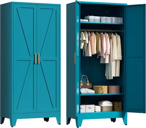 Miniatura 8 de LCAOPC Armario de metal de 71 pulgadas de alto con estantes ajustables y barra para colgar, 2 puertas, armario independiente para dormitorio, Negro
