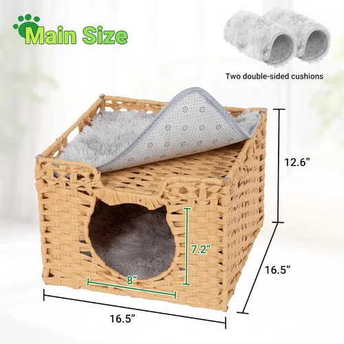 Miniatura 2 de Cueva de ratán tejida a mano para gatos con dos cojines, camas para gatos, casa de gatitos interior, impermeable y plegable, color blanco, 16.5