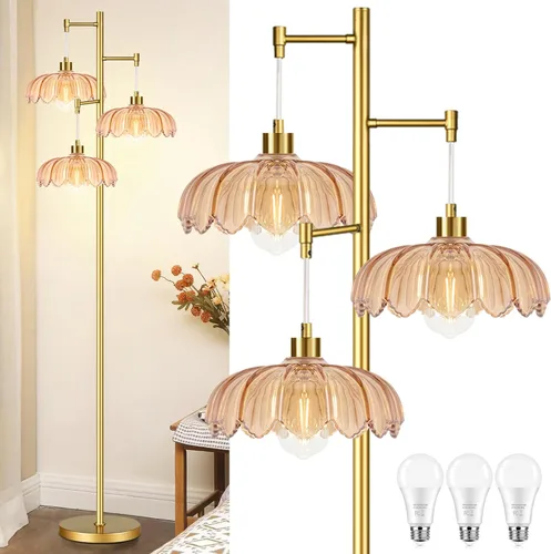 Miniatura 9 de Lámparas de pie doradas para sala de estar lámpara de pie vintage con forma de L de vidrio y tres bombillas led, lámpara de pie verde de latón