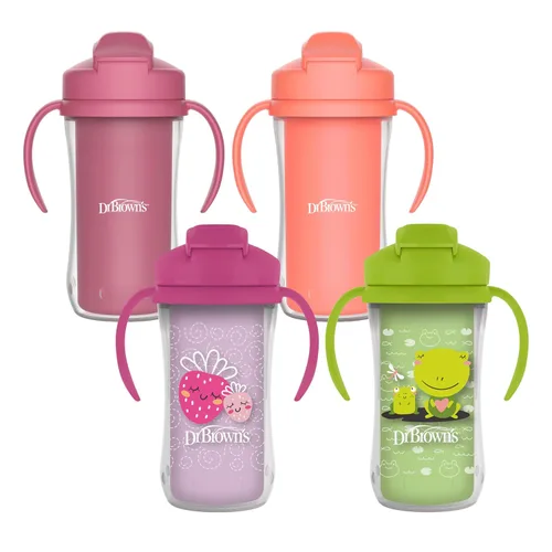 Miniatura 6 de Dr. Brown's Milestones - Vaso aislado con popote y asas, vaso a prueba de derrames con tapa, rosa/coral, 10 onzas, sin BPA, 39.4 ft+, paquete de 2