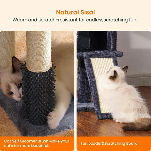 Miniatura 6 de Heybly Árbol de Gato con Cepillo Auto-Limpieza, Torre de Gato para Interior con Nido Acolchado, Casa de Gato con Cesta, Tabla de Rascar y Poste