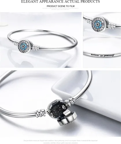 Miniatura 7 de BISAER Pulsera de plata de ley con cierre de dije para abalorios con piedras preciosas de zafiro, tapón de bloqueo de clip de ojo malvado