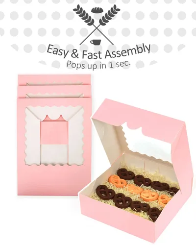 Miniatura 5 de qiqee - Cajas de repostería rosas autodeslizables 50 paquetes, cajas para pasteles de 8 x 8 x 2.5 pulgadas con ventana Rosado