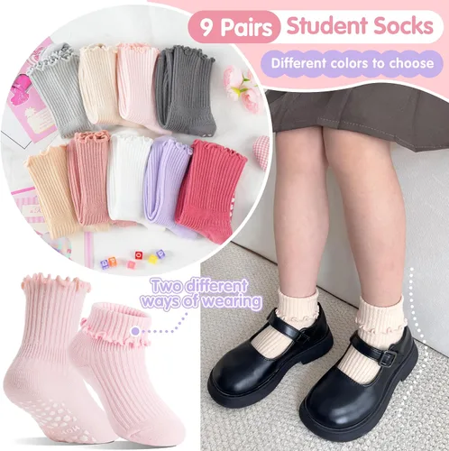 Miniatura 5 de Calcetines tipo crew de algodón con volantes y agarre antideslizante para bebés y niñas pequeñas, para uniforme escolar, transpirables, 9 pares