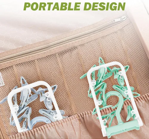 Miniatura 6 de Percha de secado de ropa con 12 clips, paquete de 2 estantes de secado plegables portátiles para colgar, estante plegable de goteo, gancho giratorio