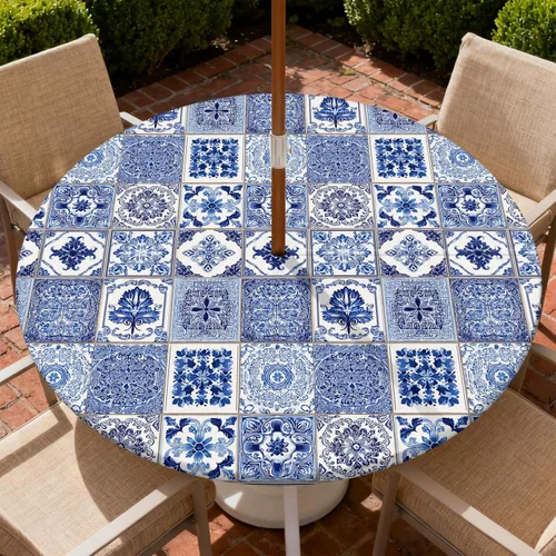 Miniatura 26 de Mantel para exteriores con agujero para sombrilla y cremallera, impermeable, redondo, ajustable con borde elástico, mantel lavable para mesa al aire