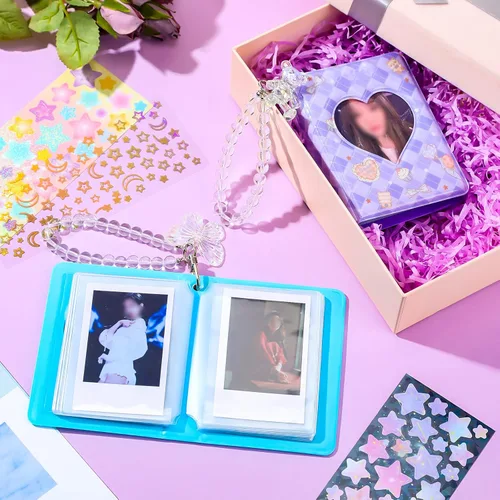 Miniatura 3 de 2 piezas de álbum portafotos de 3 pulgadas, mini álbum para tarjetas Kpop con corazón en forma de amor, portafotos hueco con colgante, mini libro