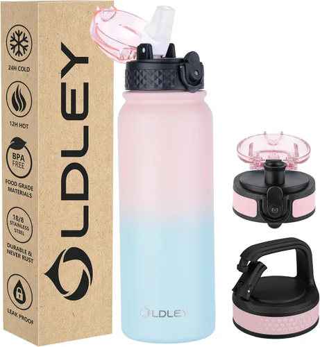 Miniatura 44 de Botella de agua aislada Oldley de 12 oz con pajita, botella de agua de acero inoxidable con 2 tapas, botellas de doble pared con vacío para adultos