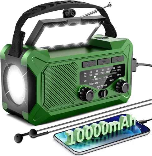 Radio meteorológica con manivela de emergencia, radio solar de 10000 mAh AM/FM/NOAA con cargador de teléfono, carga USB, lámpara de lectura LED para