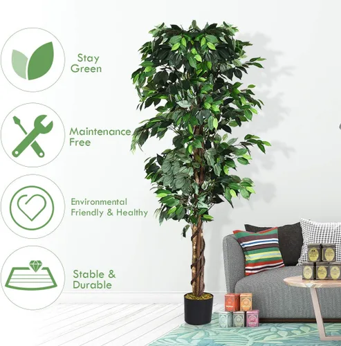 Miniatura 5 de Goplus Árbol de seda artificial de ficus de 6 pies, árbol falso en maceta con hojas verdes y tronco natural, sin mantenimiento, planta sintética
