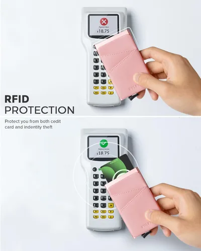 Miniatura 5 de VULKIT Cartera desplegable para tarjetas de crédito con ranuras de cuero adicionales con bloqueo RFID, funda delgada de metal para tarjetas, Rosa