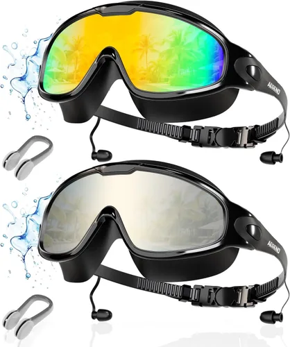 Aegend - Nuevas gafas de natación de visión amplia para adultos, con protección antiniebla/UV, sin fugas, con tapones para los oídos para hombres y