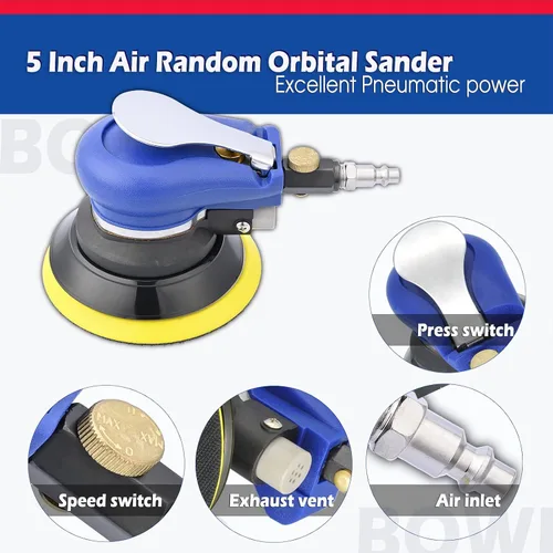 Miniatura 3 de Lijadora orbital aleatoria de aire de 5 pulgadas, herramienta neumática de lijadora de palma con 10 piezas de lija, lijadoras de aire para trabajo