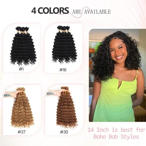 Miniatura 3 de Urbeauty Cabello Humano para Trenzar para Trenzas Boho Bob - Cabello Bohemio de Onda Profunda para Trenzar - Negro Azabache, 14 pulgadas Sin Nudos
