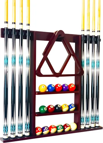Miniatura 9 de Soporte para taco de piscina de montaje en pared, estante de madera maciza negro para 8 tacos