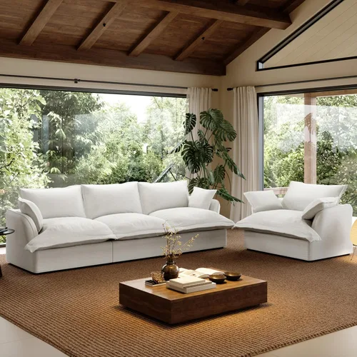 Miniatura 12 de Sofá modular de mezcla de lino para sala de estar, cómodo sofá modular con relleno de plumón, moderno sofá cama convertible con asiento profundo