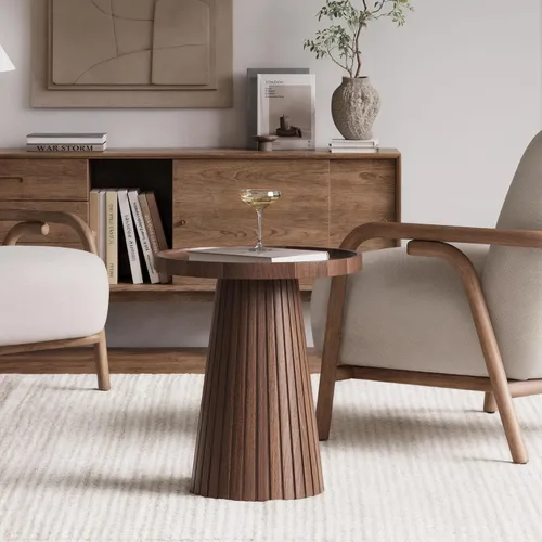 Miniatura 3 de win2win Juego de 2 mesas auxiliares anidadas, mesa de centro moderna de mediados de siglo con chapa de grano de madera, mesa de té redonda acanalada