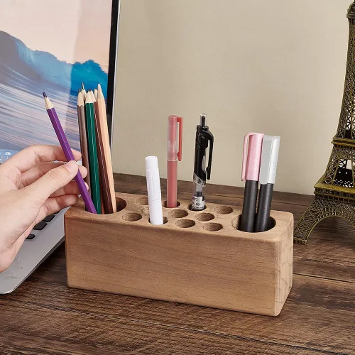 Miniatura 3 de PH PandaHall Portalápices de madera para escritorio, organizador de pinceles de 13 agujeros, soporte de estilo rústico, para oficina, estudio