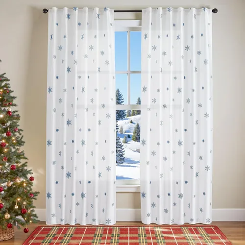 Miniatura 2 de JINCHAN Cortinas de copo de nieve de Navidad para sala de estar y dormitorio, cortinas bordadas azules y blancas, 84 pulgadas de largo (213.36 cm)
