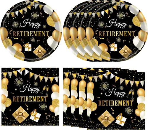 Miniatura 13 de Juego de 40 piezas de vajilla desechable para fiestas de jubilación para hombres y mujeres, color negro y plateado, incluye platos de jubilación