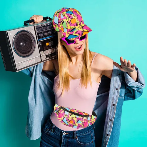 Miniatura 6 de Riñonera de neón de los años 80 y 90, paquete de cinturón retro, bolsa de cintura casual para hombres y mujeres y gorras de béisbol, sombreros